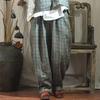 Johnature Women Plaid Straight Pants Spring Elastic Waist Vintage Loose All Match Cotton Linen Pockets Trouser