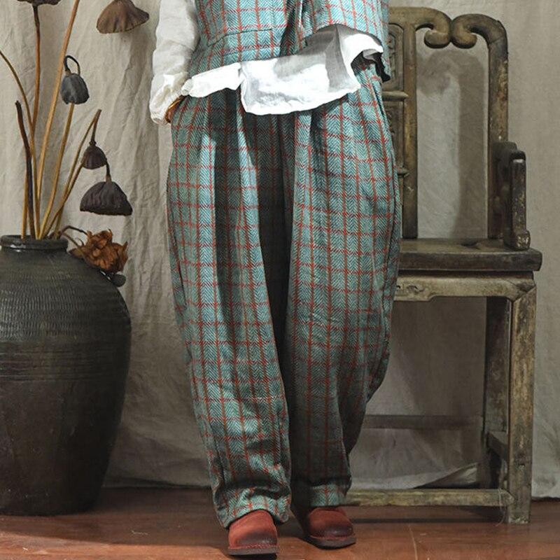 Johnature Women Plaid Straight Pants Spring Elastic Waist Vintage Loose All Match Cotton Linen Pockets Trouser
