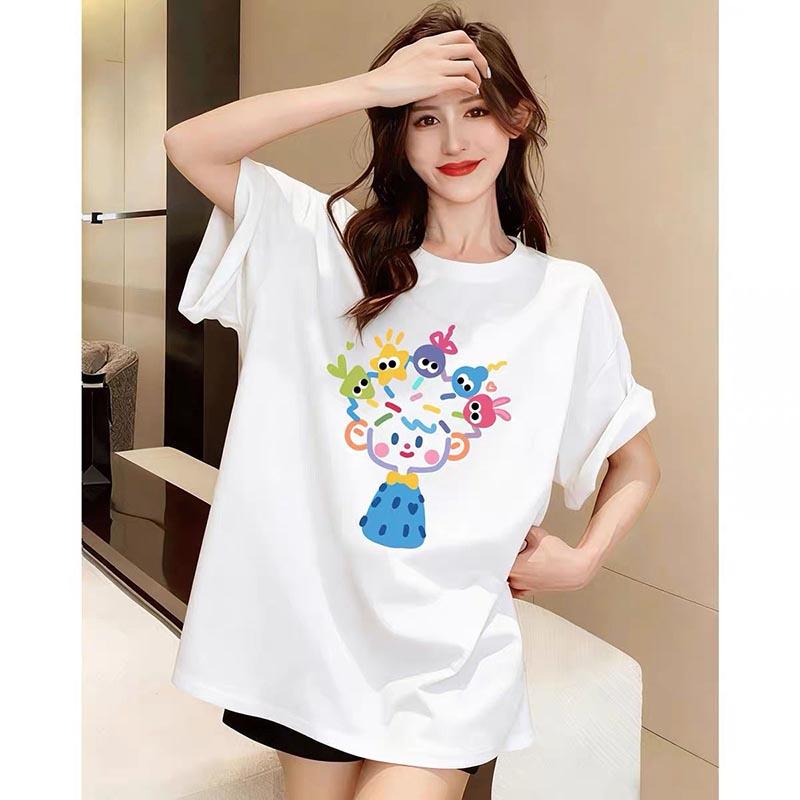 Summer New Chic Cartoon Cat Print T-shirt Women Clothing Fashion All-match Pure Cotton Basic Top Tee Office Lady Loose Pullovers