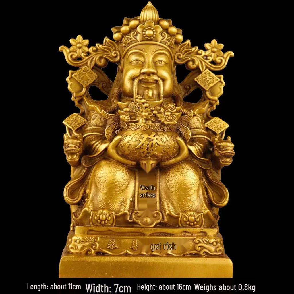 Large Yellow Brass God of Wealth Statue on Dragon Chair, Wen Cai Shen Design, Ideal for Shop Opening or Home Worship.