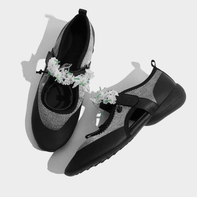 Fashion Fashion Crystal String Bead Flower Decoration Ballet Flats Women Cozy Round Toe Patchwork Design Mary Jane Shoes Outdoor Sneaker