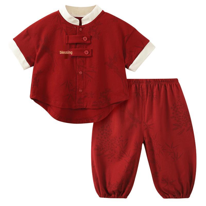 Летний комплект из футболки с коротким рукавом и длинных брюк Youqi Baby 73 красный
