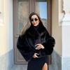 Women's Lapel Collar Long Sleeve Faux Fox Fur Coat Loose Fit Casual Autumn Short Jacket