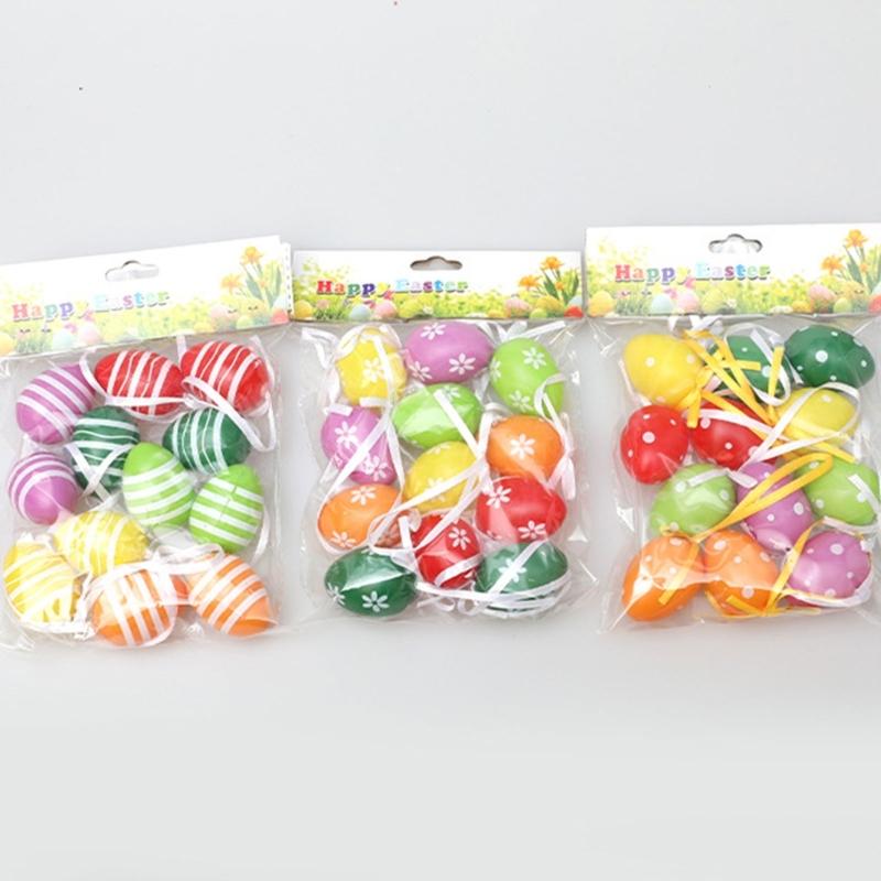 12PCS Plastic Easter Eggs Happy Easter Day Decors with Hangable Lanyards Colorful Eggs for Outdoor Easter Decors