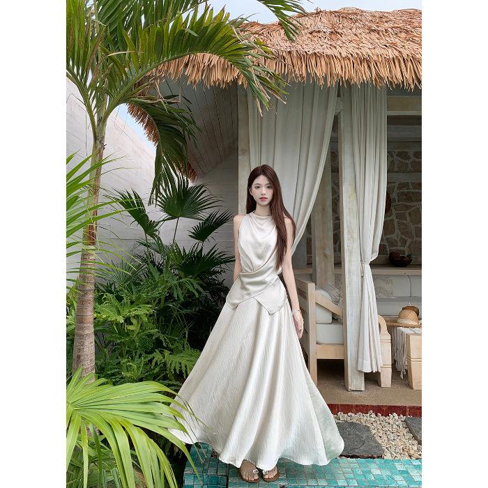 Irregular Satin Vest & Flare Midi Skirt Set - 2026 Summer Fashion for Women XL