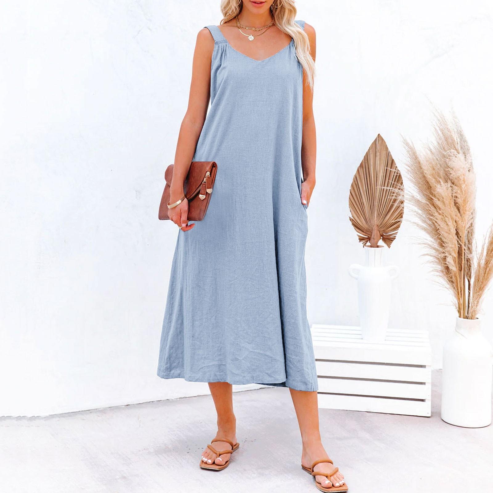 

Женское повседневное свободное платье без рукавов с рюшами и открытой спиной, летнее платье-майка с карманами L