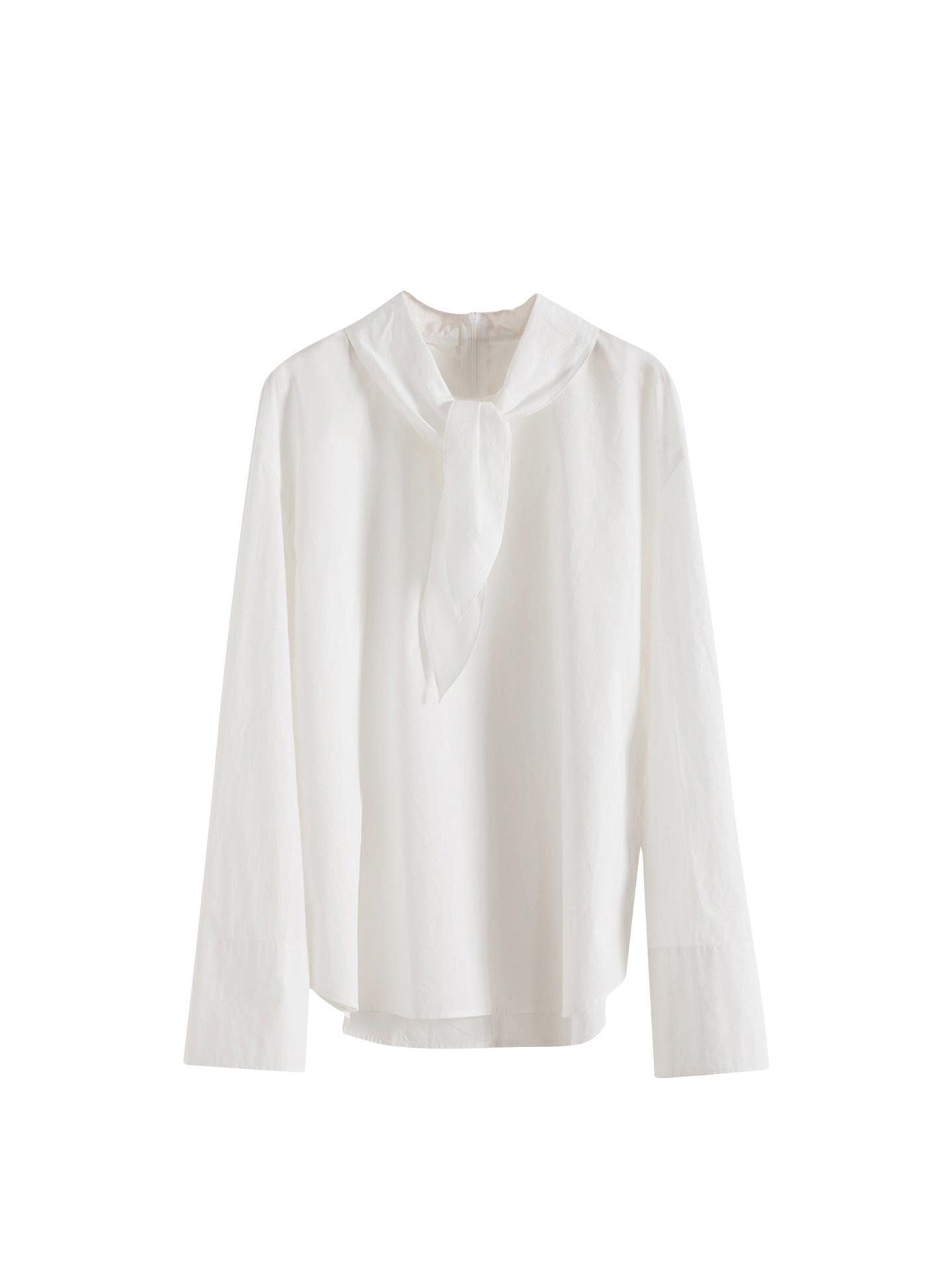 

Elegant Early Spring Lace-up Cotton Shirt, Long Sleeve Versatile Fashion Top Small белый