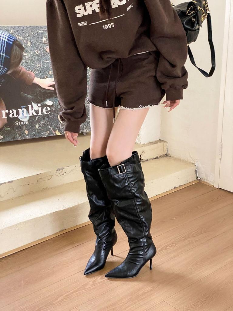 Vintage Western Pile Boots Women's 2025 Summer New Square Head Thin Heel Wide Tube Belt Buckle Folded Calf Boots