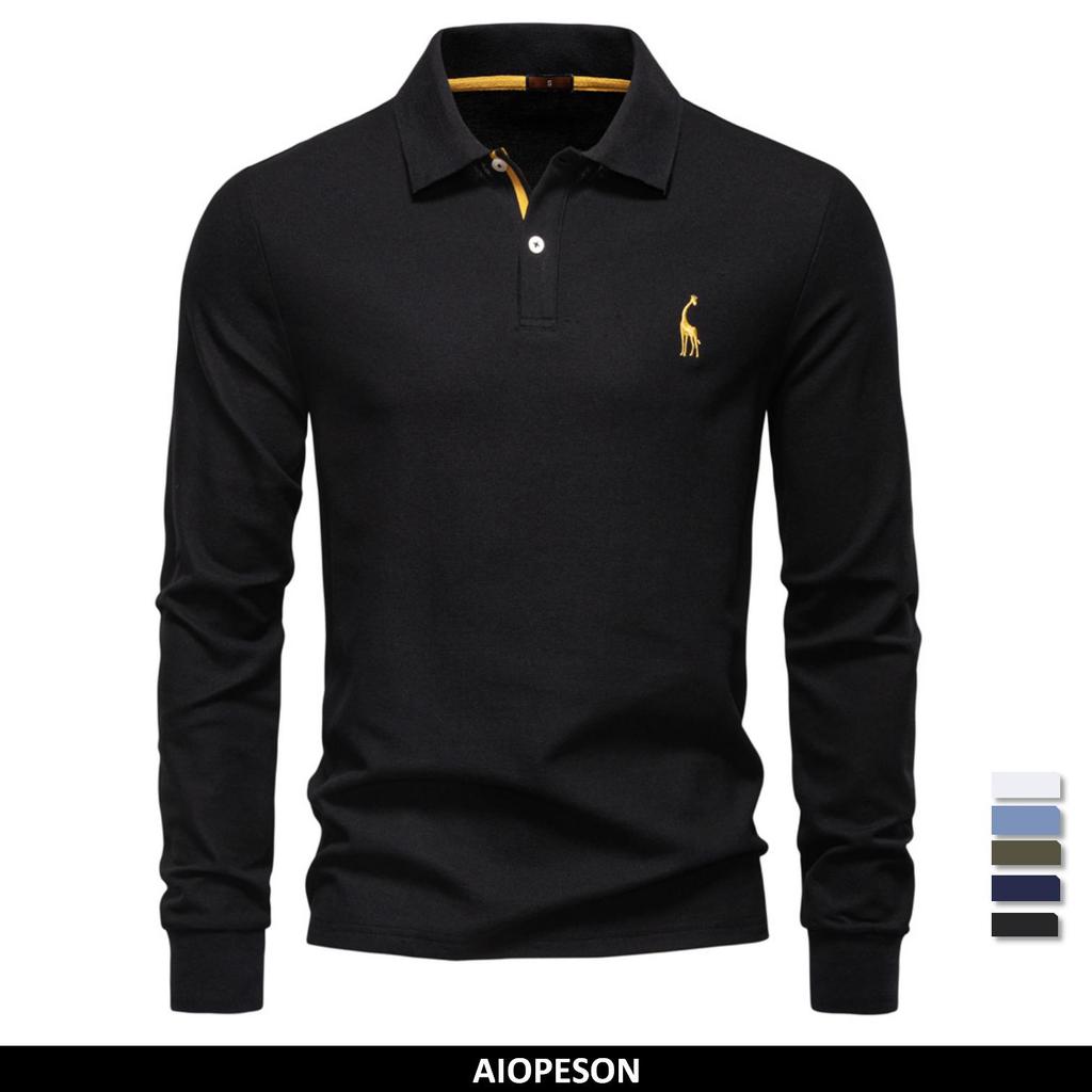 AIOPESON 2025 Business Casual Poloshirt Herren Einfarbig Langarm Baumwollreich Atmungsaktive Polos Herren