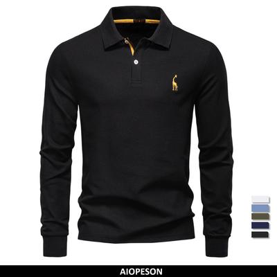 Polo Business Décontracté 2025 Homme Couleur Unie Manches Longues Mélange Riche en Coton Polos Respirants Mâle