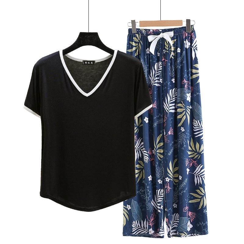Modal Loungewear V-Neck color-block Tshirt and Floral Wide leg pants Summer Thin Pajamas sets Casual Plus size Homewear 2pcs suit Comfort clothing