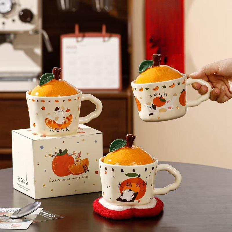 Daji Dali Orange Ceramic Cup with Lid Cute Cat Mug New Year Gift Coffee Cup Office Water Cup