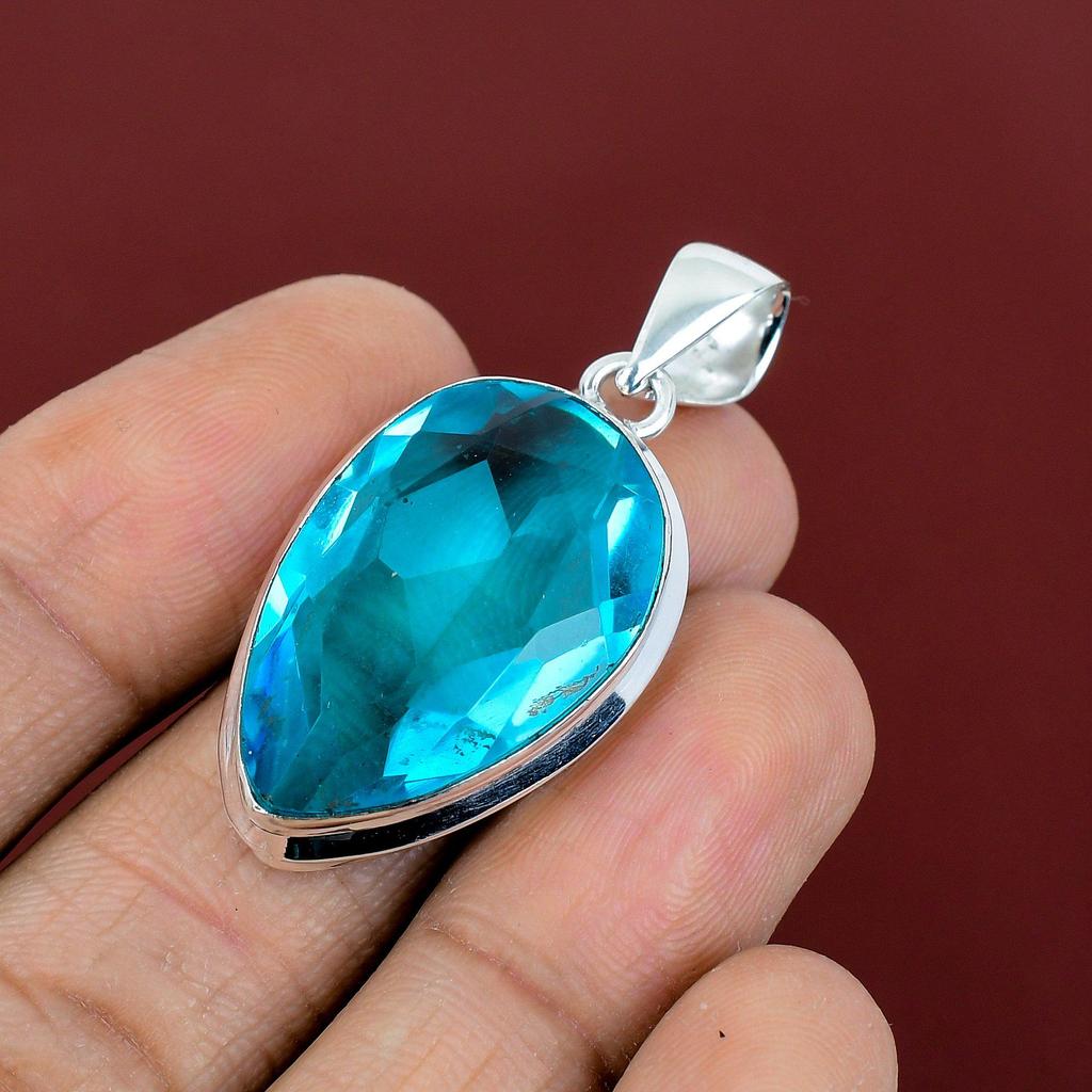 Faceted swiss blue topaz pendant natural gemstone jewelry designer pendant 925 sterling silver pendant handmade dainty pendant gifts for mom