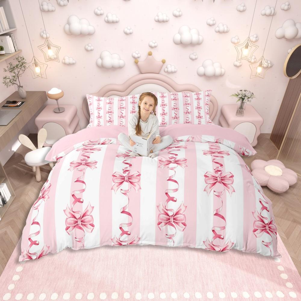 

Homewish Pink Ribbon Bow Duvet Cover Set for Girls,Kawaii Princess Cartoon Bedding Set,Cute Stars Print Reversible Bed Set DE XS 100x135cm 2pcs&set