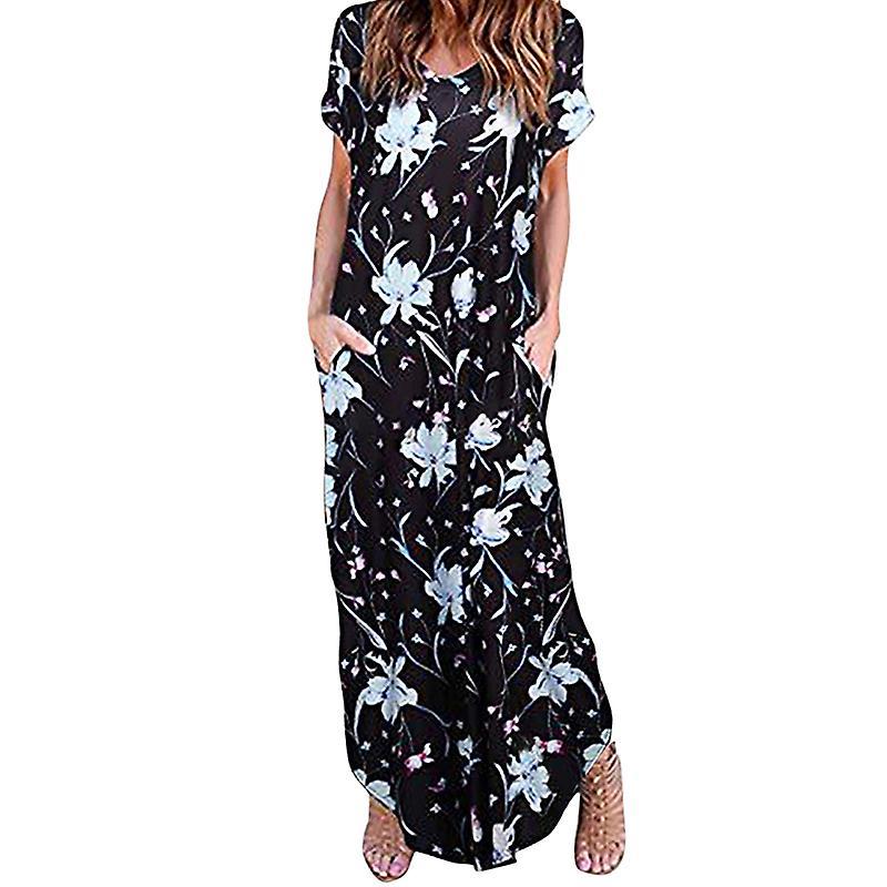Women Short Sleeves High Slit Vintage Print Backless Sundresses for Summer