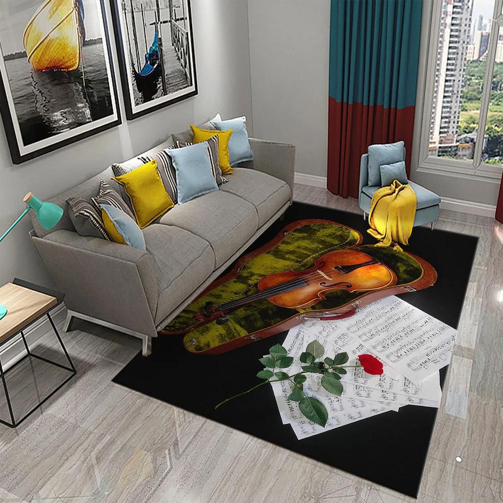 3D Violin Carpet Modern Music Flower Area Rug for Kitchen Bathroom Anti-Skid Rug Carpet Home Decor Living Room Bedroom Floor Rug