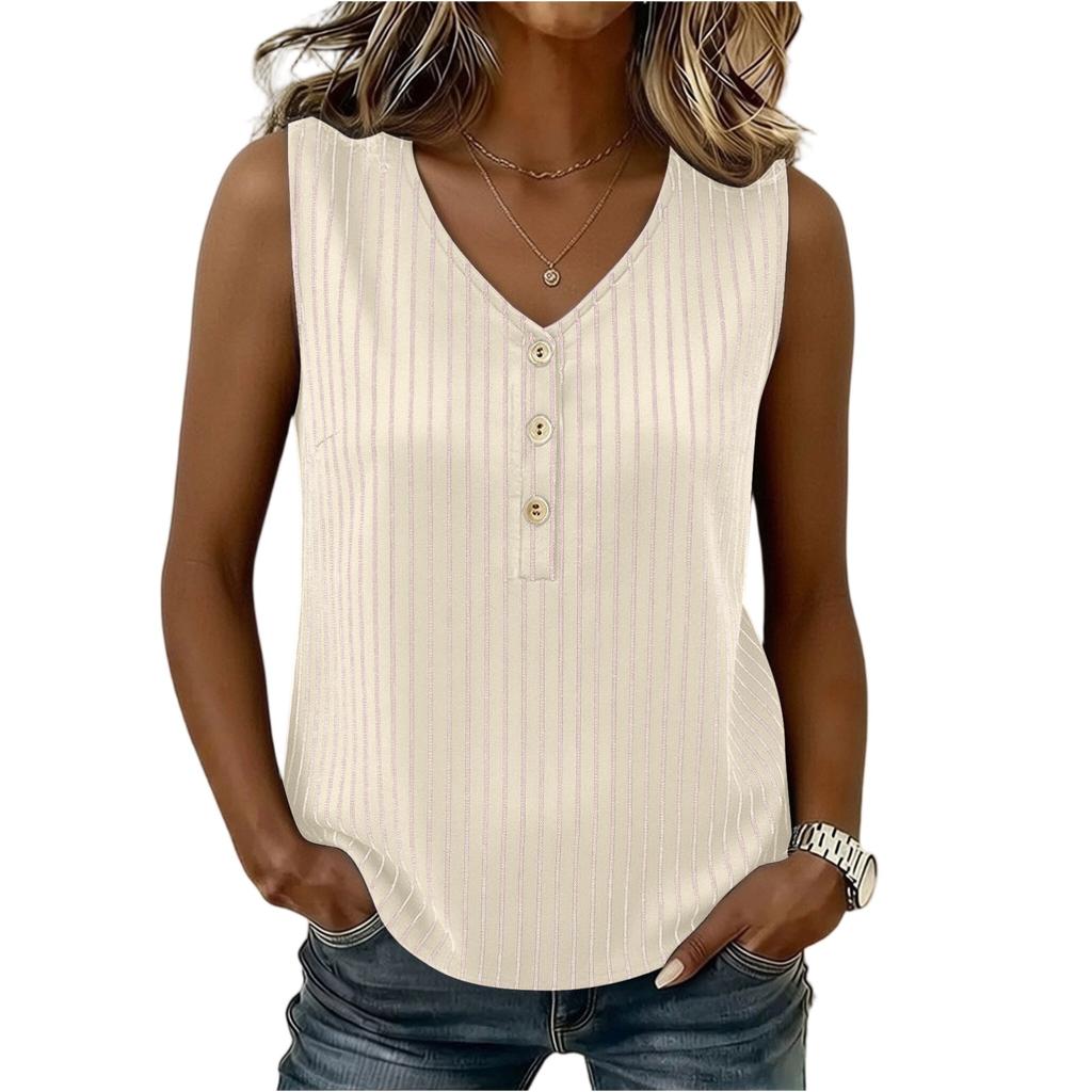 Women Sleeveless Pullover Top Loose Fit V Neck Button Detail Casual Summer Blouse Lightweight Breathable Fabric Comfortable Fit