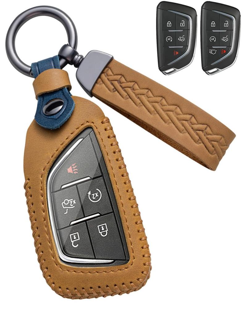 YINEOR Cadillac Key Fob Cover Leather Car Key Case Keychain Smart Key Fob Holder