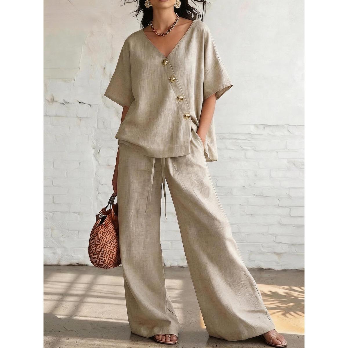 Women s V Neck Button Short Sleeve Linen Blend Top and Drawstring Waist Wide Leg Pants 2 Piece Casual Set S