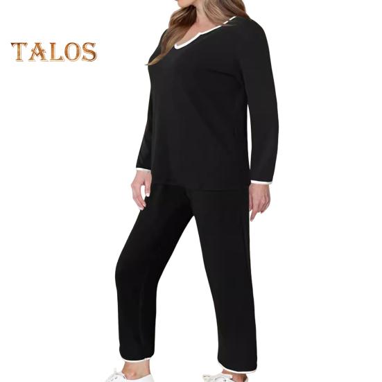 

2 шт./комплект женский топ брюки комплект V-образный вырез длинный рукав толстовка эластичный пояс широкие спортивные штаны спортивный наряд осенний повседневный спортивный костюм S чёрный