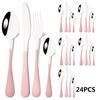 6People Pink Silver Cutlery Set Stainless Steel Tableware Knife Fork Coffee Spoon Dinner Dinnerware Kitchen Mirror Flatware Set