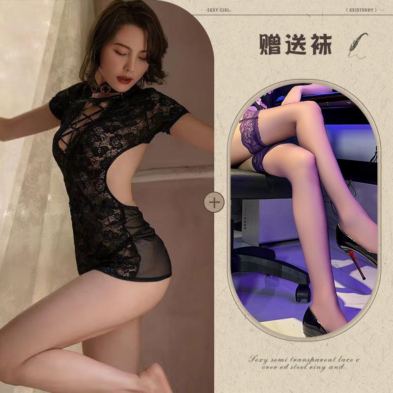 New sexy underwear women's lace temptation cheongsam sexy milk strap hollow short