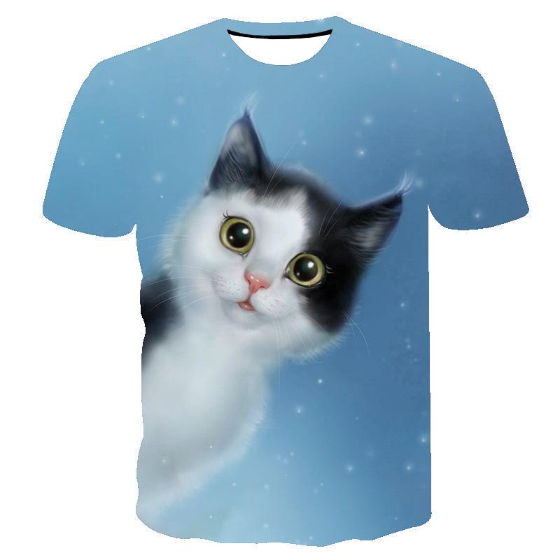 Animal Series 3D Digital Printed Men's and Women's Short Sleeved T-shirt Blue Cat Beautiful and Cute Round Neck T-shirt