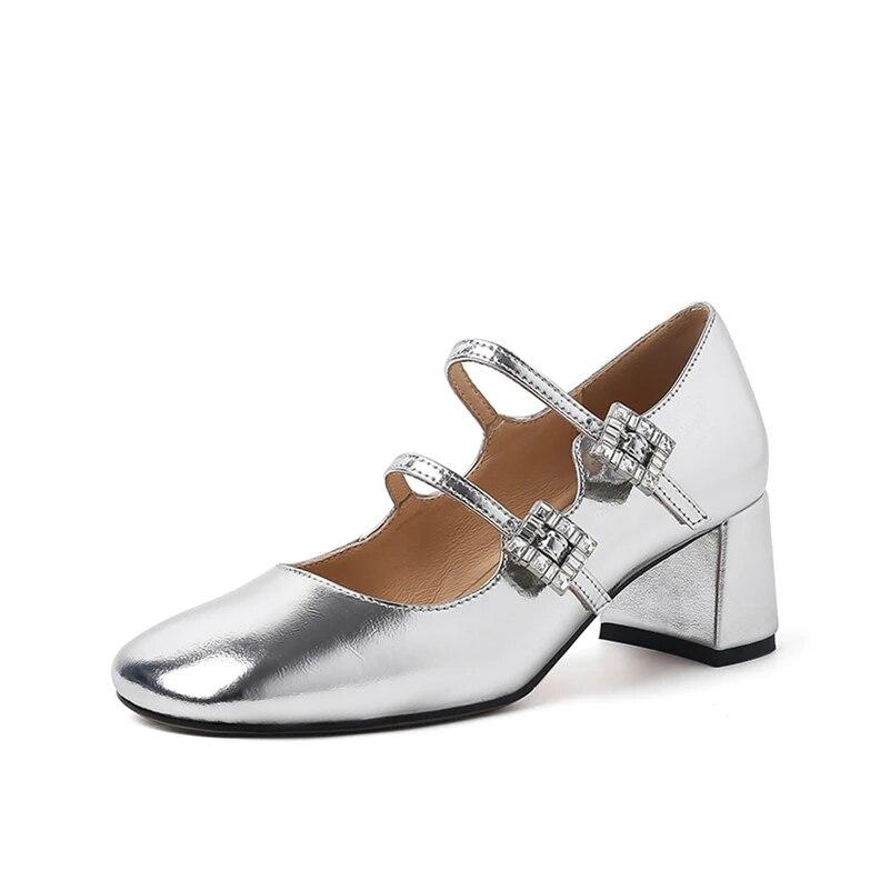 

Meotina Жіночі туфлі Мері Джейн з натуральної шкіри з квадратним носком і високими підборами Туфлі в рукавичках з пряжкою Жіноче модне взуття Весна Осінь 39 срібний