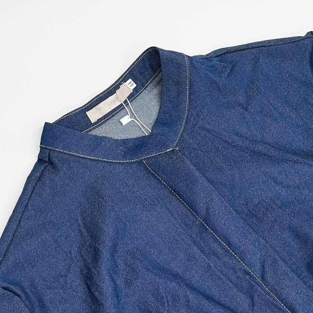 Seven-Sleeve Stretch Denim Maxi Dress with Stand-Up Collar and Hidden Buttons - Autumn 2025 Women's Wear