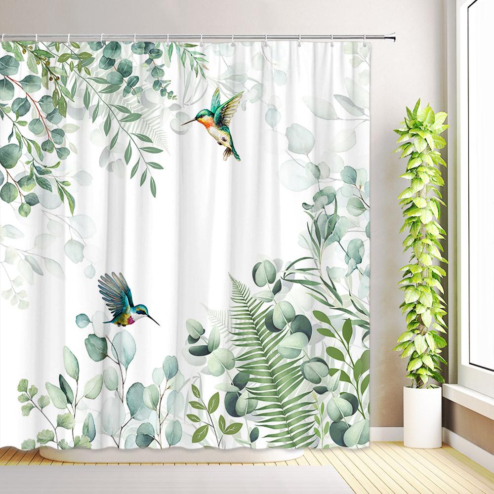 Hummingbird Floral Shower Curtain Butterfly Flower Plants Birds Watercolour Leaves Bath Curtains Home Bathroom Decor with Hooks