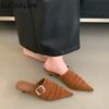 Fashion SUOJIALUN 2025 New Brand Women Slipper Fashion Pointed Toe Slip On Mules Shoes Thin Med Heel Outdoor Dress Slides Pumps Shoes
