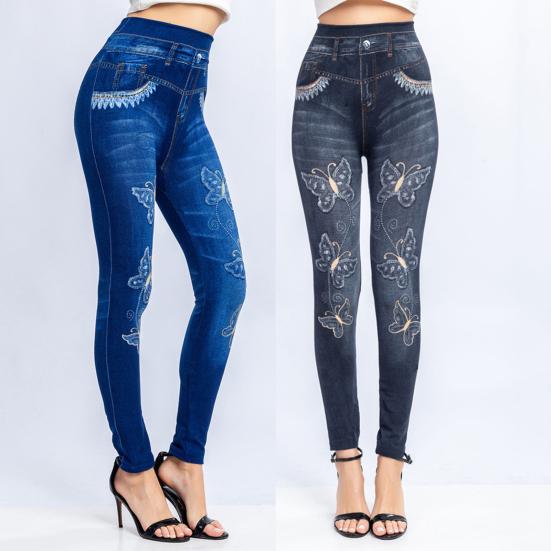 Fake Jeans Butterfly Print Stretchy Women Ankle Length Butt Lift Trousers for Dating