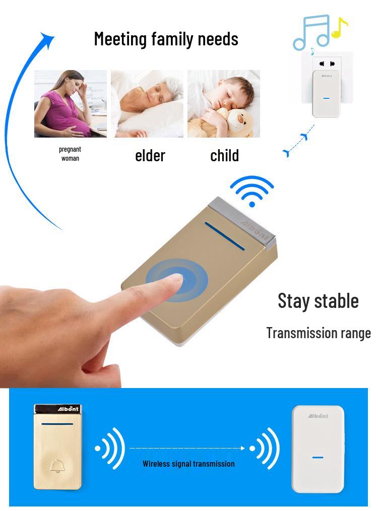 Wireless Self-Powered Gold Doorbell with EU/US Standard Call Button – No Battery Needed