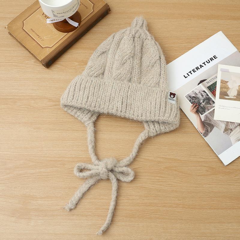 Korean Version of Versatile Bear Patch Strap Wool Hat Autumn and Winter Fashion Retro Pullover Hat Outdoor Casual Warm Hat New
