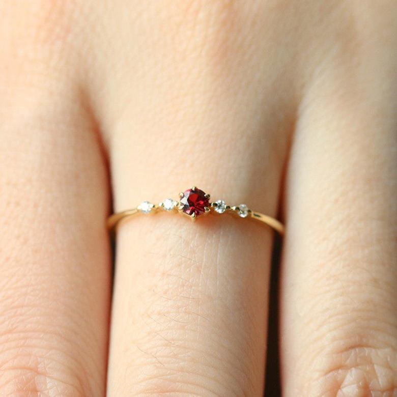 

18K Gold Plated Ruby Ring for Women – Elegant Thin Band, European Fashion Engagement Ring, Dainty Gold Jewelry No. 9