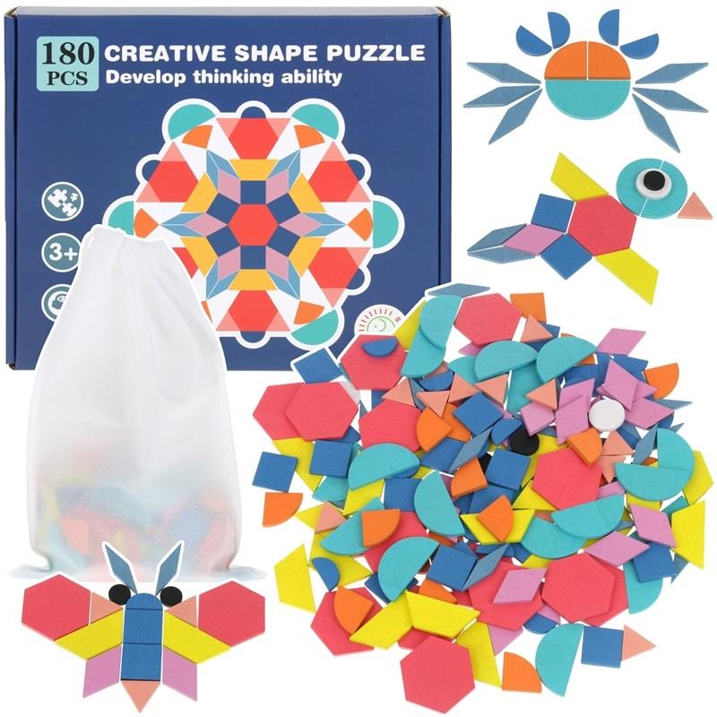 Wooden Puzzle Creative Puzzle Mosaic Shapes Colors 180 Pcs Bag
