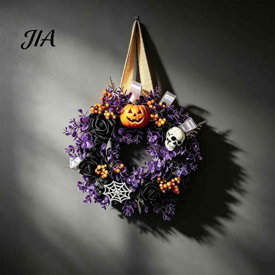 Elegant Mystery Style Garland Halloween Wreaths for Front Door, Skull Pumpkin Wreath with Berries, Black Spooky Bat Cabin Party Props Roses,