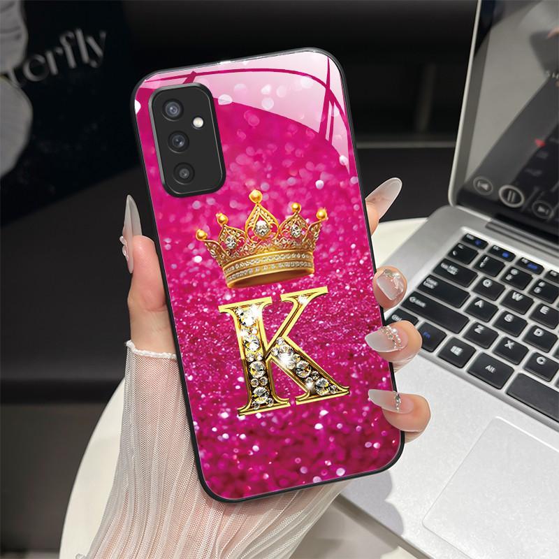 For Samsung M52 5G Case Galaxy M14 SM-M526B SM-M146B Phone Case ShockProof Fashion Initial Letter Hard Tempered Glass Back Cover