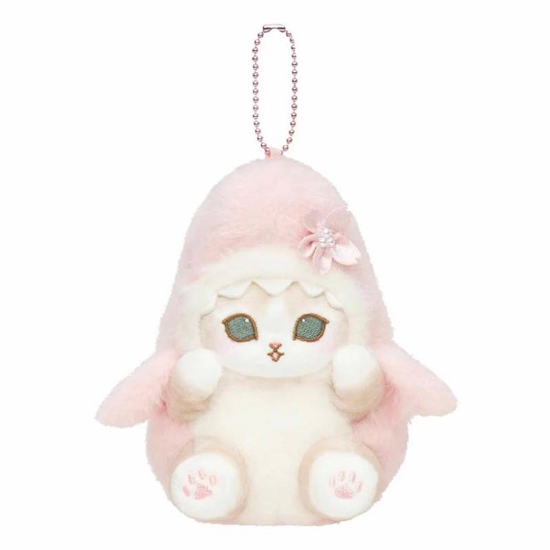 Söt körsbärsblommig rosa Mofusand katt gosedjursnyckelring kawaii dragbar stekt räka vändbar haj-katt Gosedjurs fluffig docka hänge