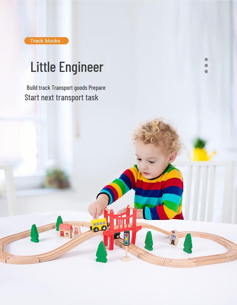 Children's Wooden Train Track Building Blocks Set