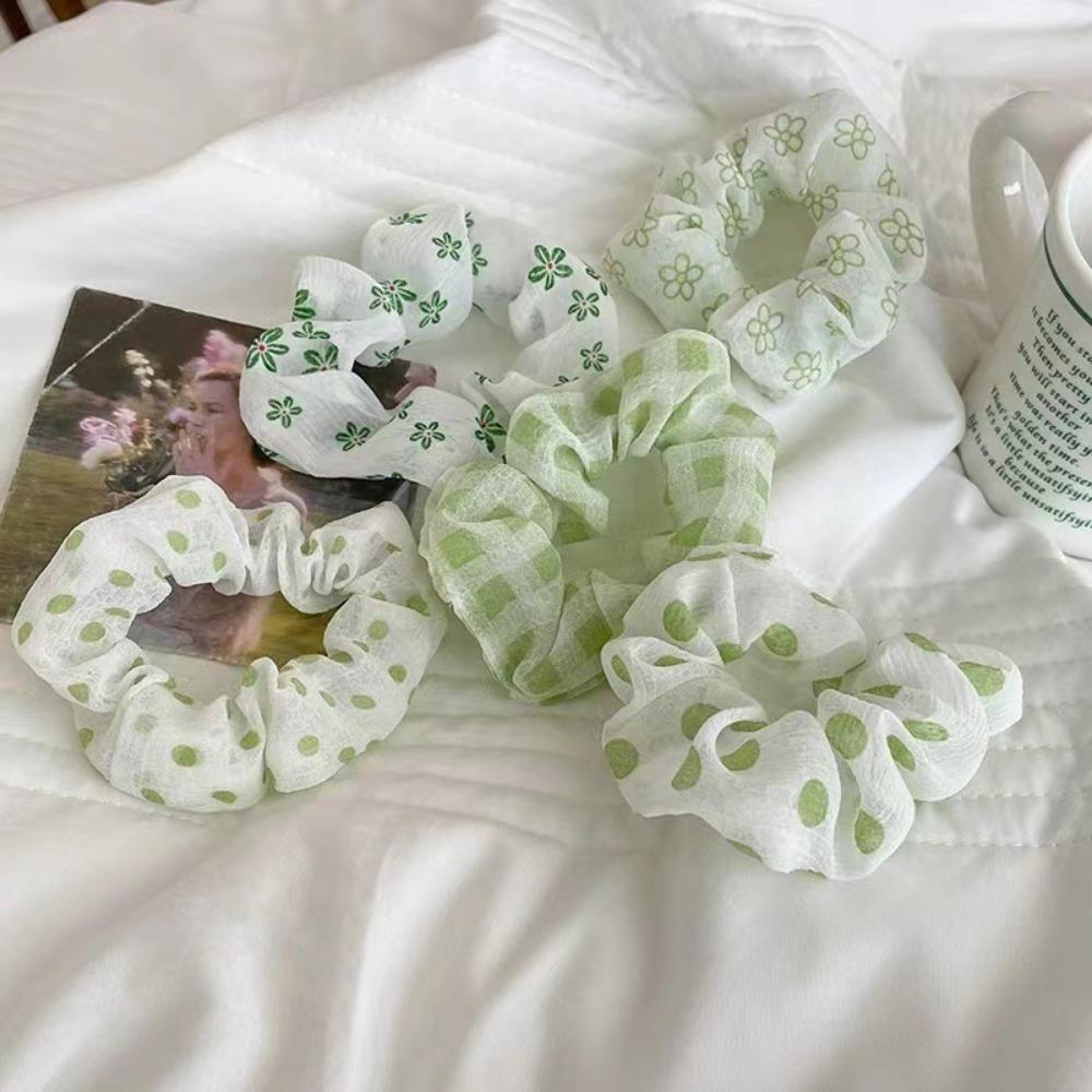 5pcs Cute Korean Preppy Hair for Women Girls Scrunchie Set Green Blue Series Floral Simple Print Pack