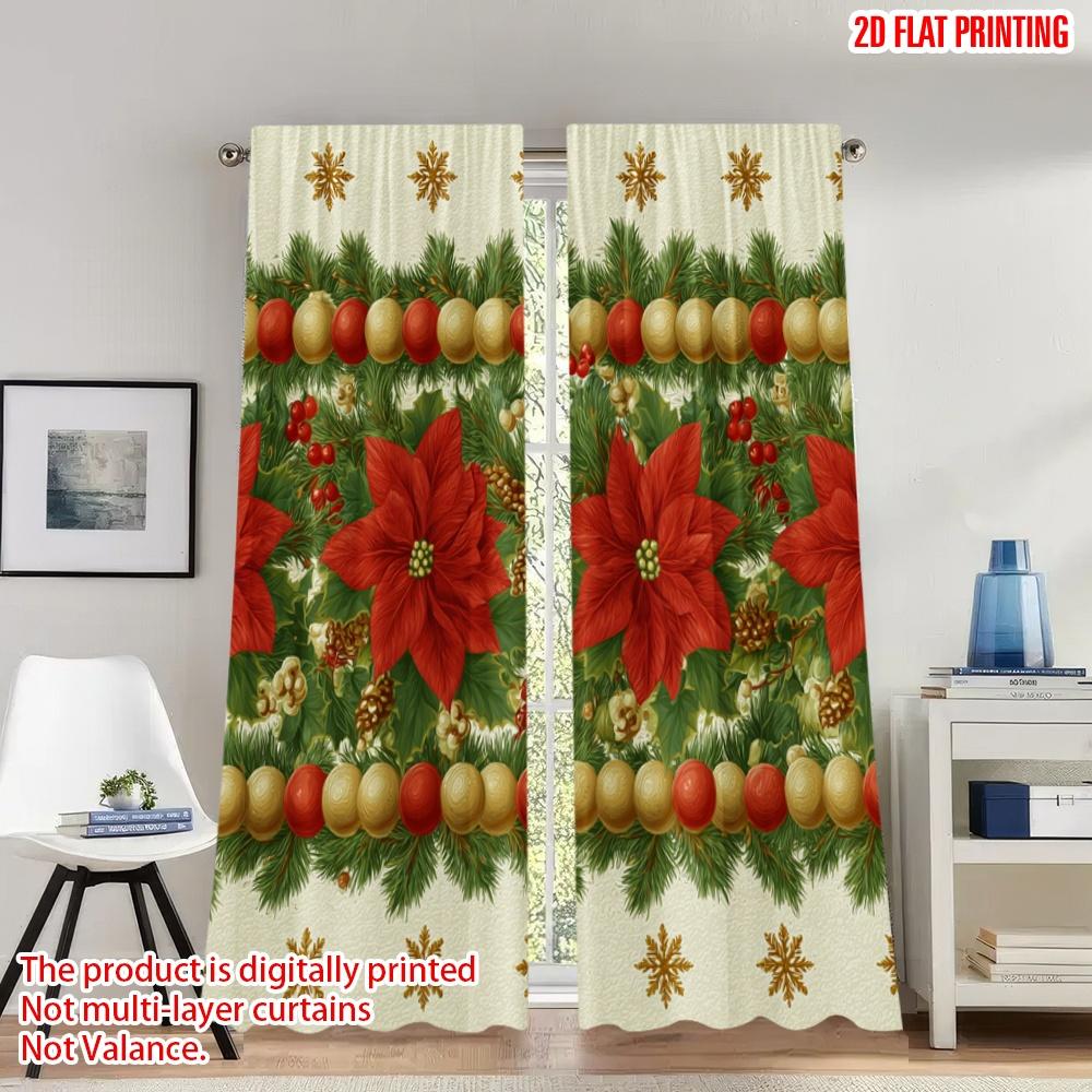 

Set Of 2 Flat Printing Merry Christmas Curtains Poinsettia Garland Ornaments Digital Printed Polyester Drapes Spring Curtain W100*H70(CM)-Rod Pocket&2PCS