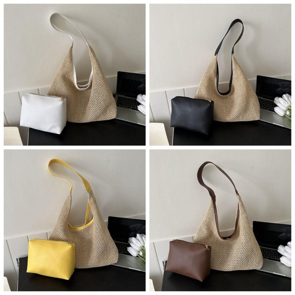 Bohemian Style Beach Hobo Bag PU Leder Umhängetasche Casual Weave Strohtasche Reise