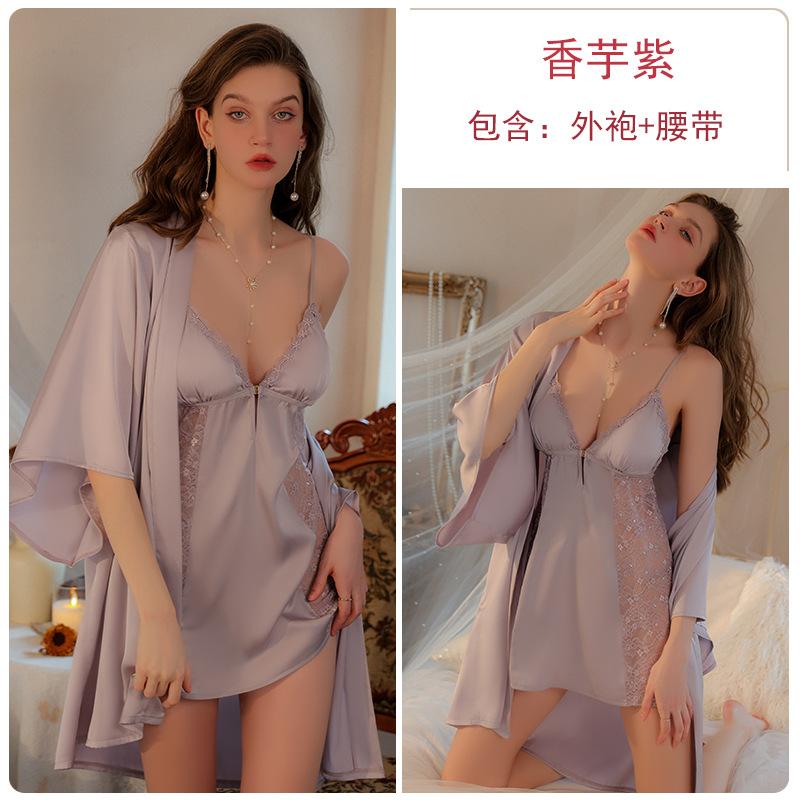 Women's Plus Size Lace Push Up Padded Backless Cami Sleep Dress with Robe Lounge Set