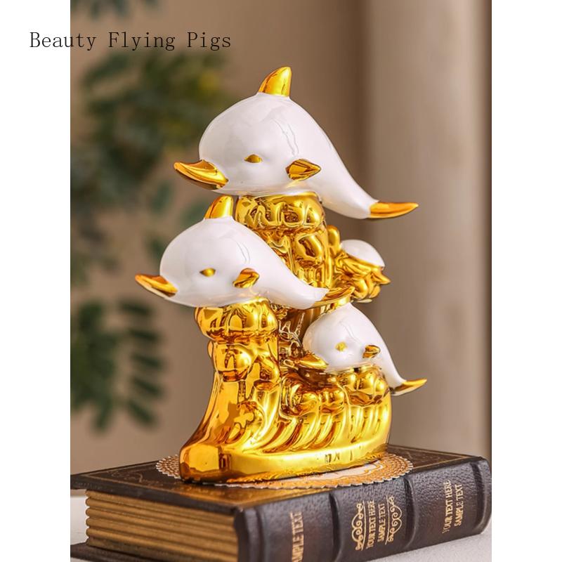 1PCS Handmade Ceramic Creative Dolphin Ornament Home Office Desktop Living Room Entrance Small Ornament
