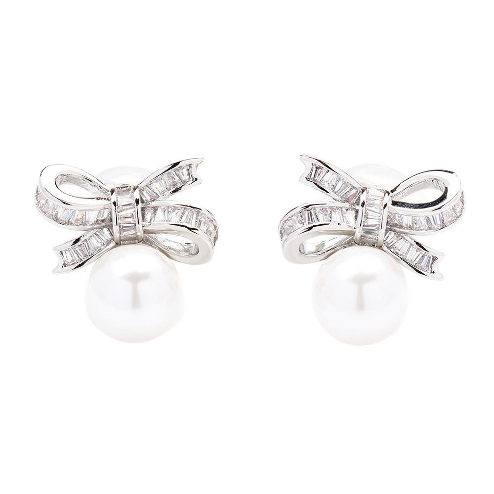 Japan and Korea Sweet and Exquisite Diamond-encrusted Bow Earrings Temperament Versatile Pearl Earclips No Pierced Earrings Women's Banquet