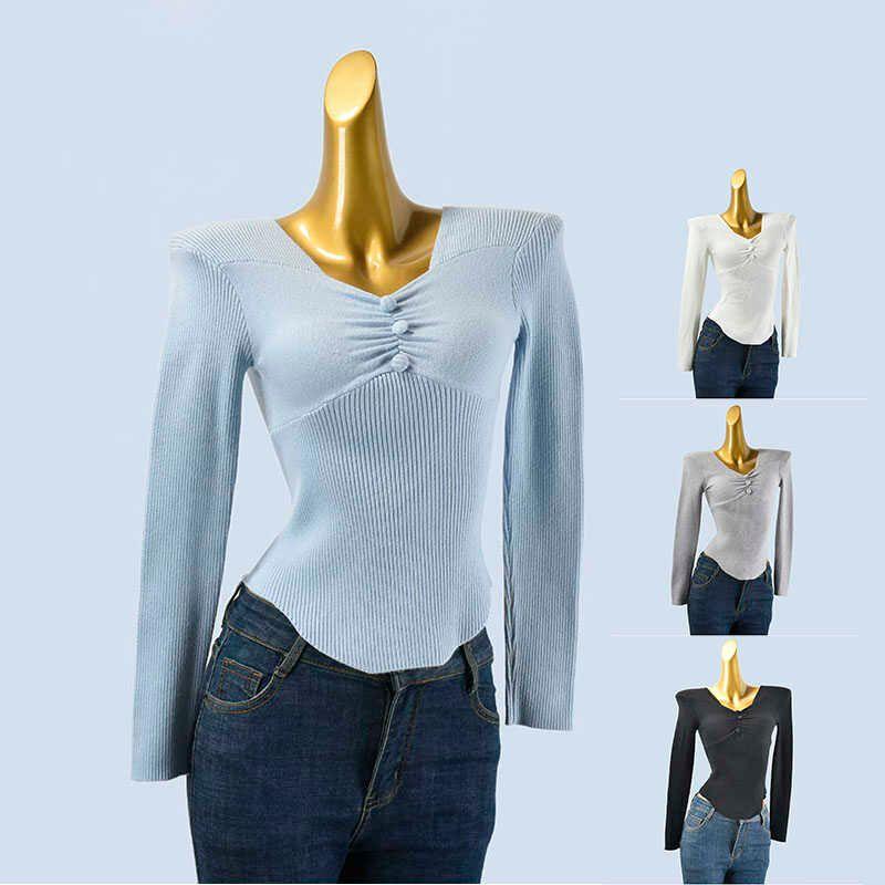 Pure Desire Pleating V-neck Buttons Waist Trimming Short Knitwear Female Autumn Retro Silm Slim Looking Thread Sweater Top