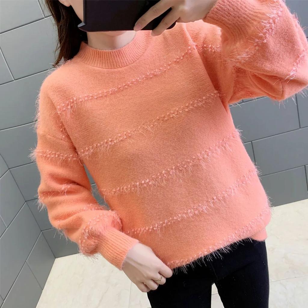 Women's Spring/Fall Loose-Fit Half-Turtleneck Knit Base Layer Sweater with Mink-Fleece Imitation Design