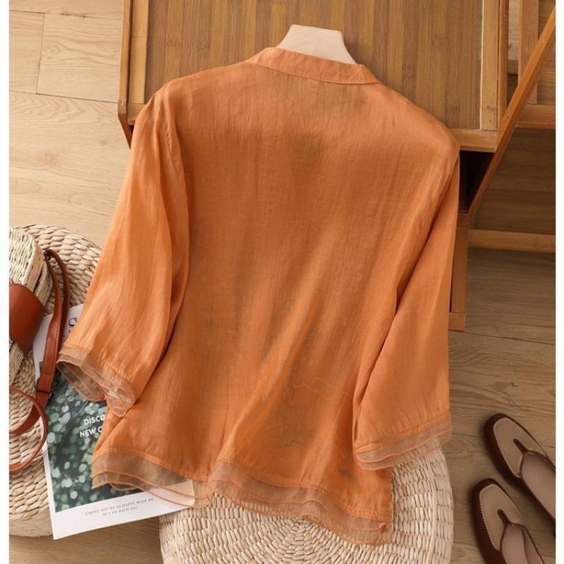 Dames Lente en Herfst Grote Maten Vijf Punten Mouw T-shirt Geborduurd Vest Tops Chinese Patchwork Zak Knoop Shirt