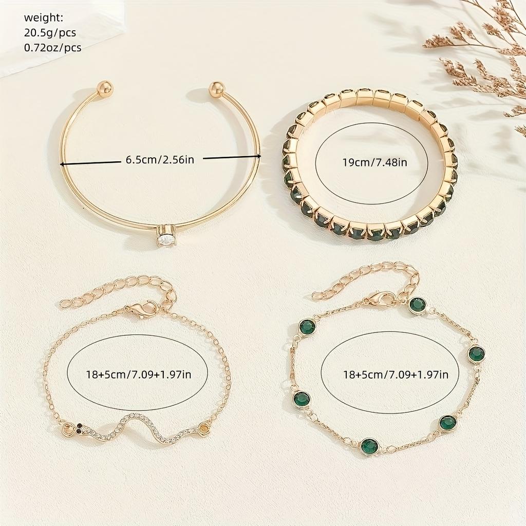 4-piece Set of Vintage Bohemian Style Green Rhinestone Snake Chain Bracelets, Fashionable Animal Theme Jewelry, Suitable for Women